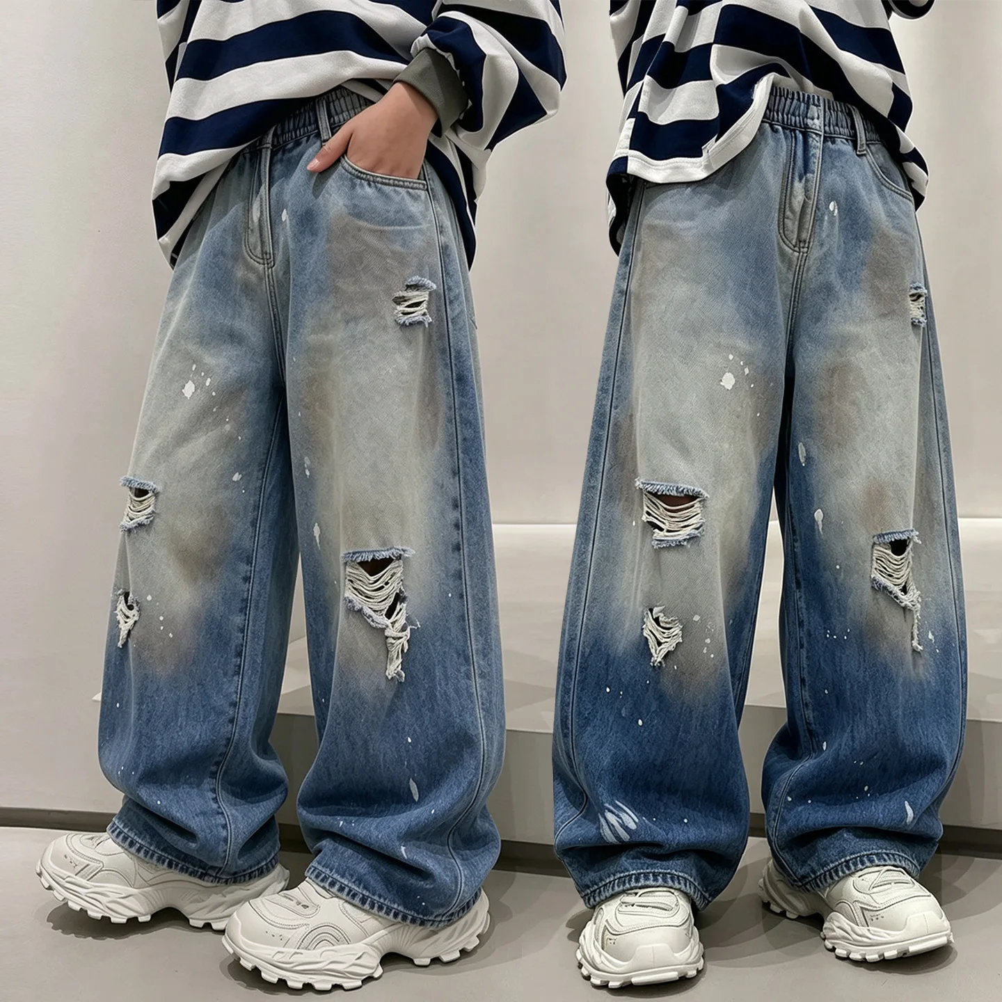 Boys Fashion Distressed Ripped Jeans for Children's Spring Autumn New Style Soft Baggy Gradient Denim Pants Kids Causal Trousers