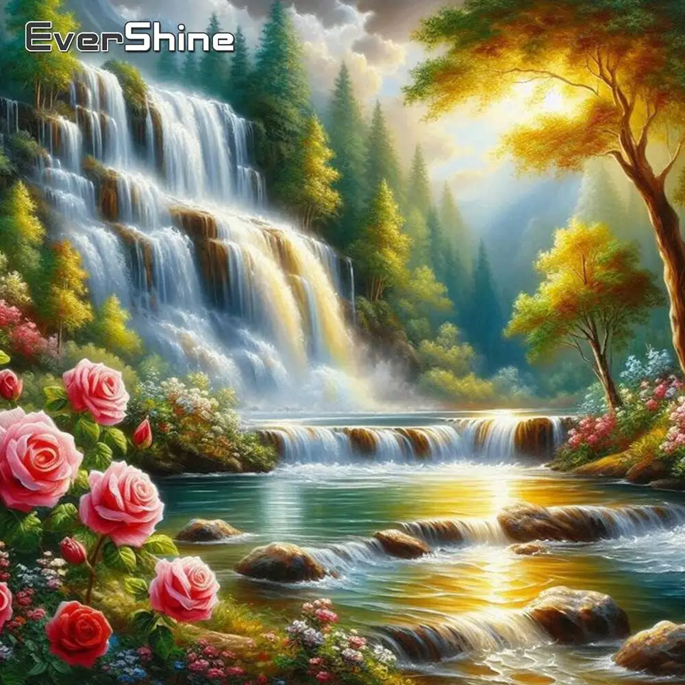 Evershine Wasserfall Diamant Stickerei Landschaft DIY Voll Platz Runde Diamant Malerei Sonnenuntergang Mosaik Dekor Für Zuhause
