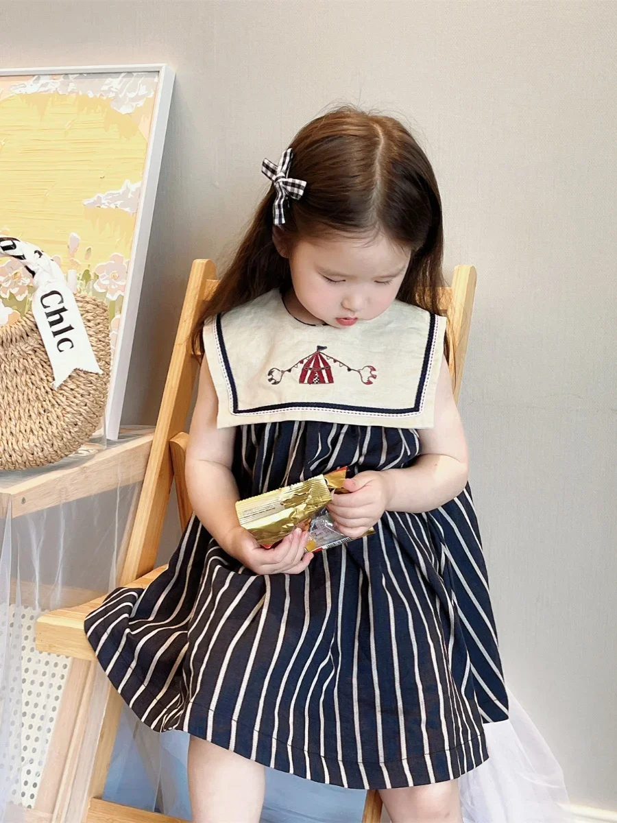 2024 Children\'s Clothing Summer Pure Cotton Dress Sleeveless Big Neck Embroidered Stripe Casual Dress for Girls 2023