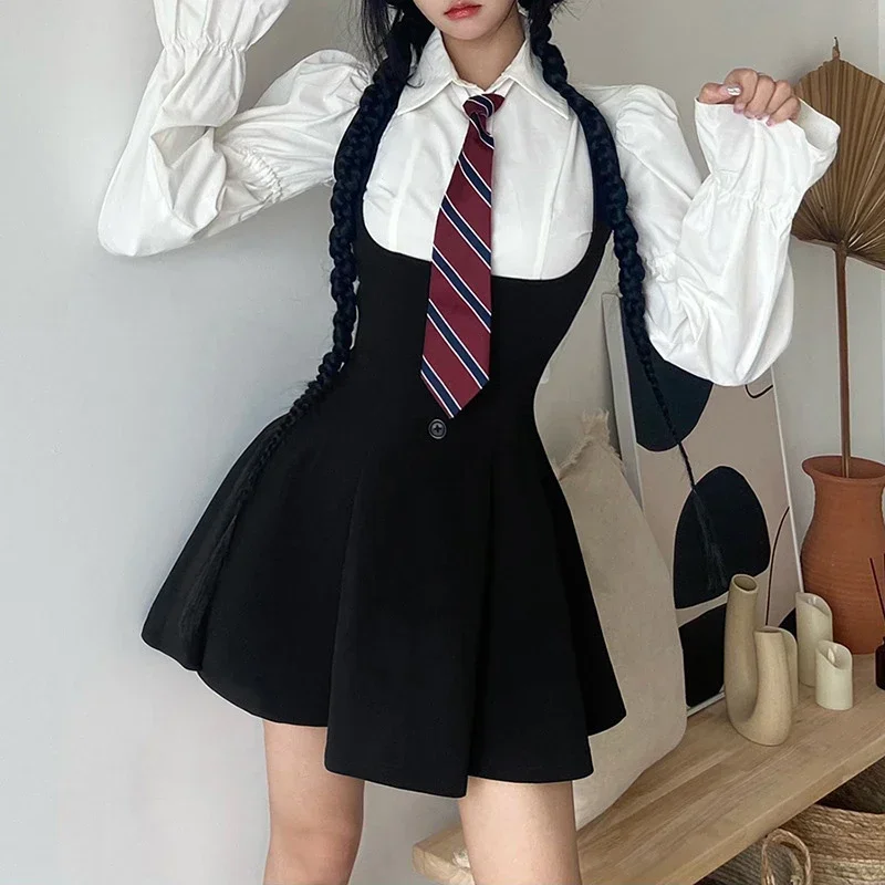 College Style Preppy Style American Spicy Girls JK Uniform Dress Suit Black Summer Slim Uniform Set White Shirt Bishop Sleeve