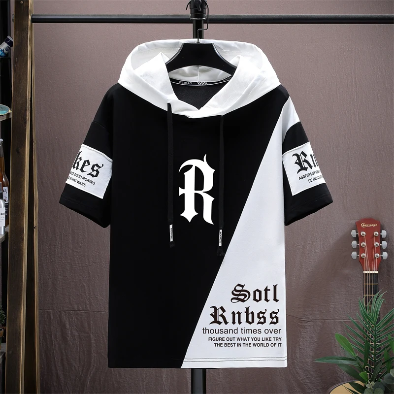 

New Casual Summer Men's Short Sleeve Hooded Cotton T-Shirts Youth Fashion Top Tees Hip Hop Streetwear Loose Tshirt Outdoor Hoody