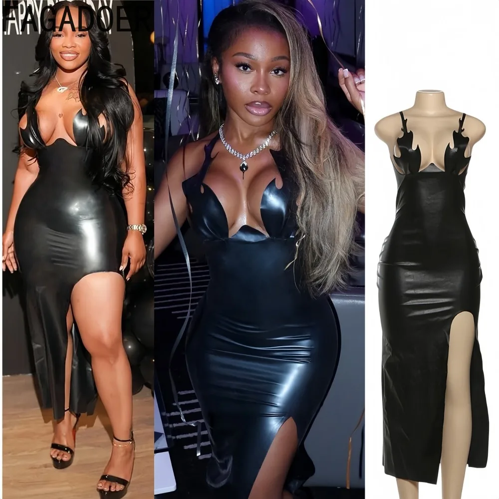 

FAGADOER Sexy Leather Patchwork Bodycon Dresses for Women Irregular Sleeveless Backless Dress Female Party Clubwear Vestidos New