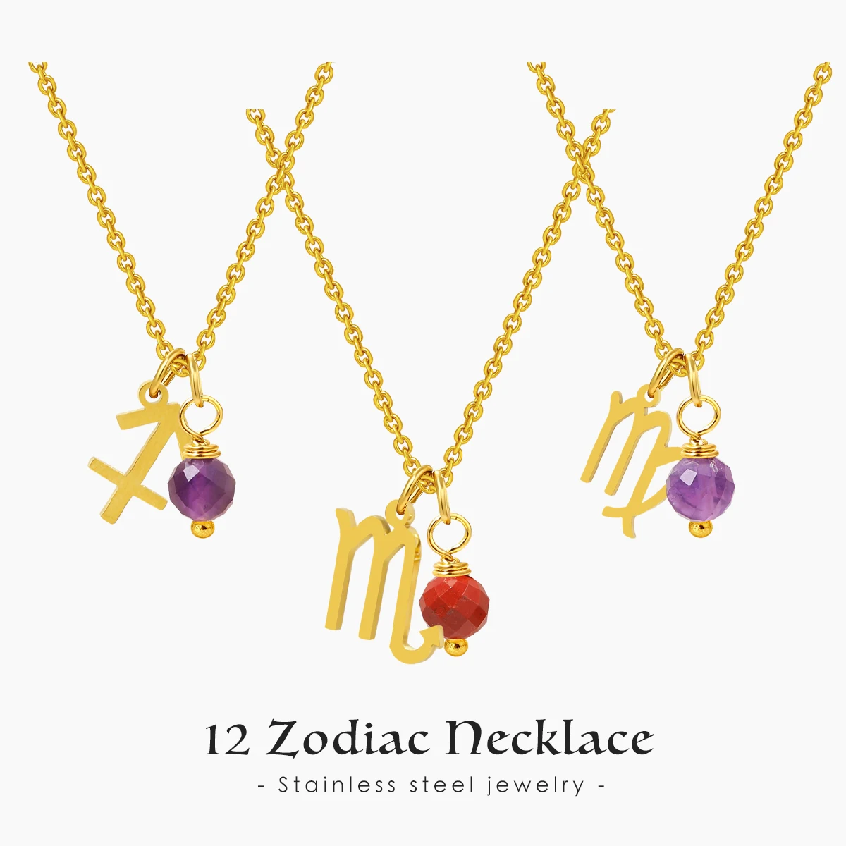 

Fashion 12 Zodiac Signs Natural Stone Pendant Necklace Gold-Plated Stainless Steel DIY Women's Necklace Birthday Gift aquarius