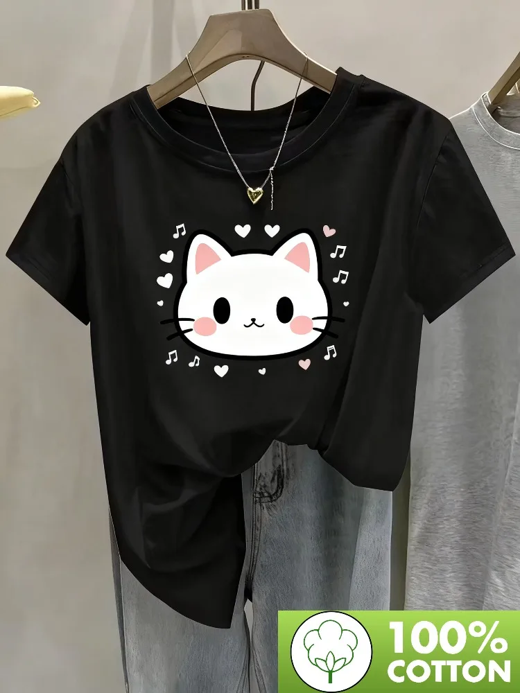

Women's Short-Sleeve T-Shirt Loose-Fit Top Cute Kawaii Cat Face Design Music Notes and Heart Patterns Christmas T-Shirt