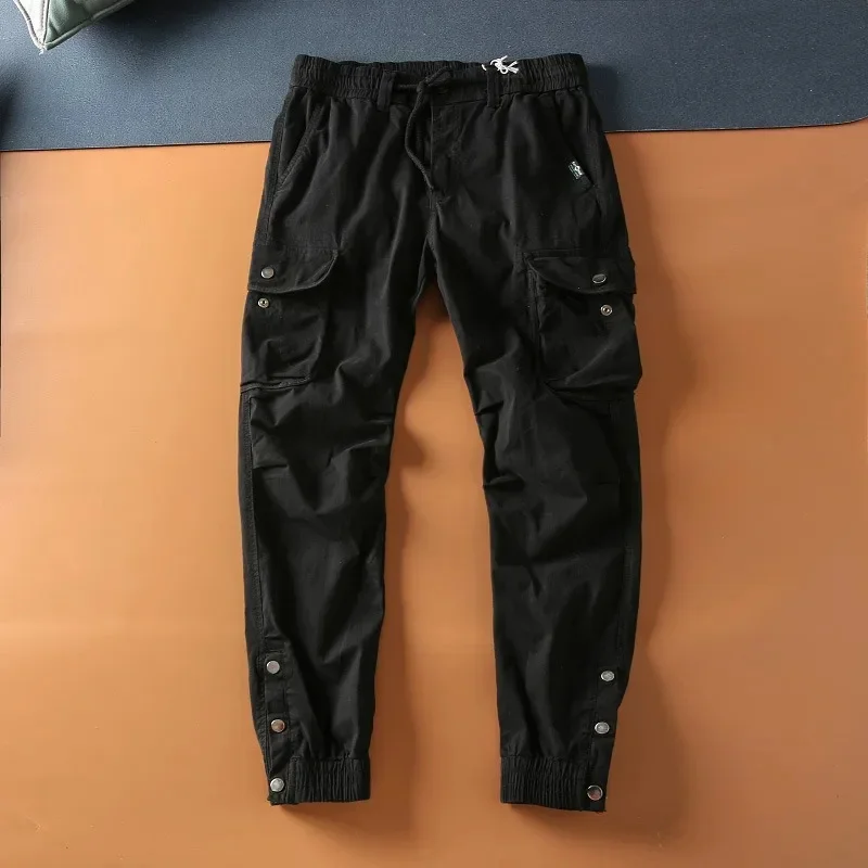 Men's Large Pockets Cargo Trousers Vintage Washed Jogger Casual Pants Foot Open Rivet Work Man