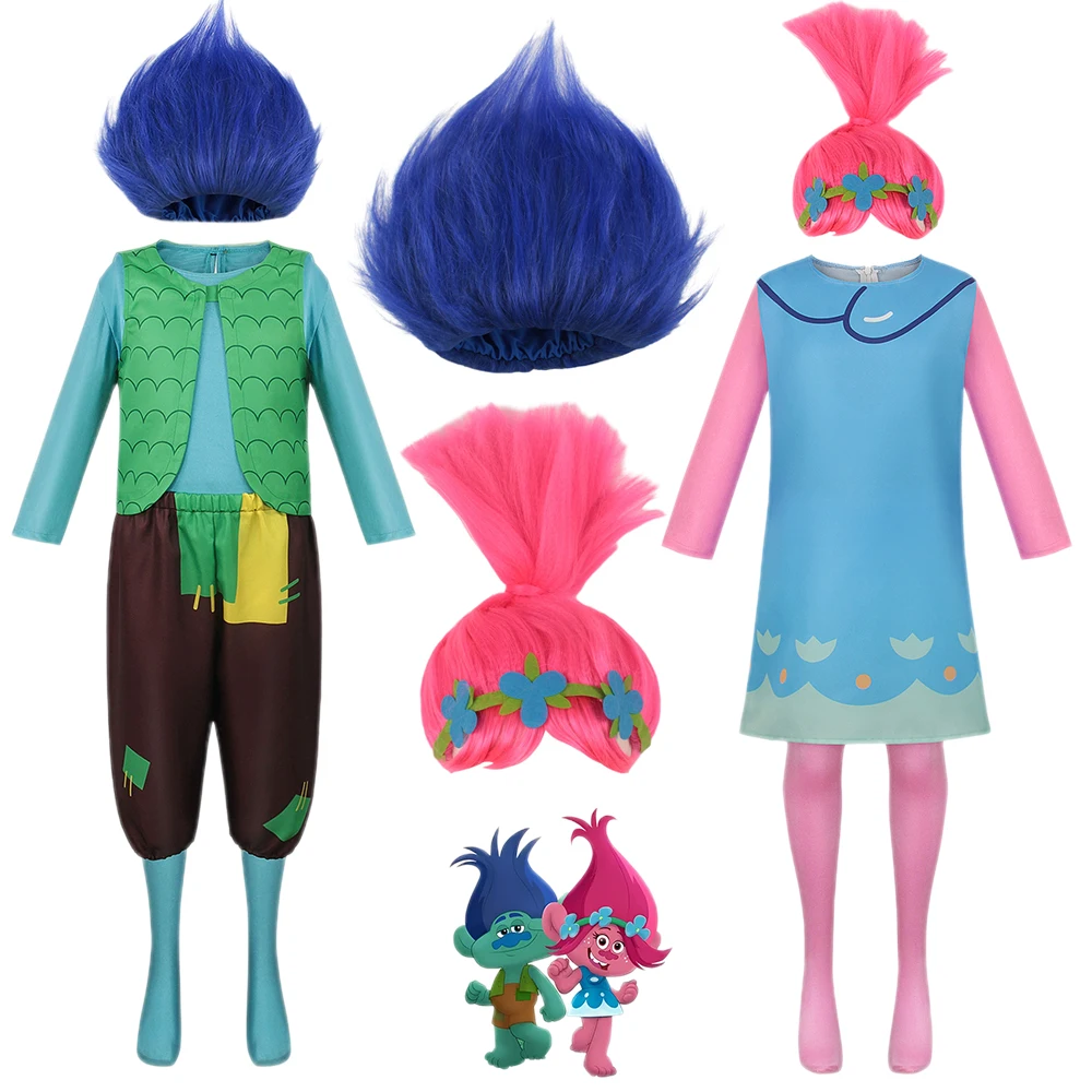 Disfraz de rama de Trolls para niños de Anime, disfraz de peluca de amapola Troll para niñas, disfraz de Halloween para niños y adultos, trajes de Carnaval Purim