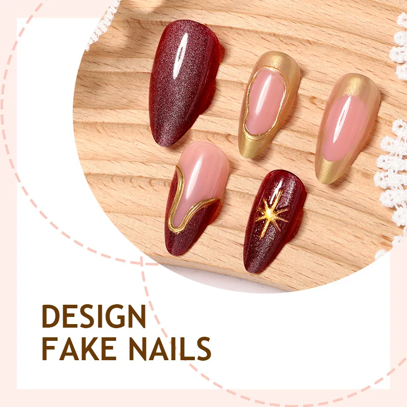 

24PCS Cat Eye Gilt Press on Nails with Almond Shiny French Metallic Design False Nails Light Luxury High End Removable Nail Art