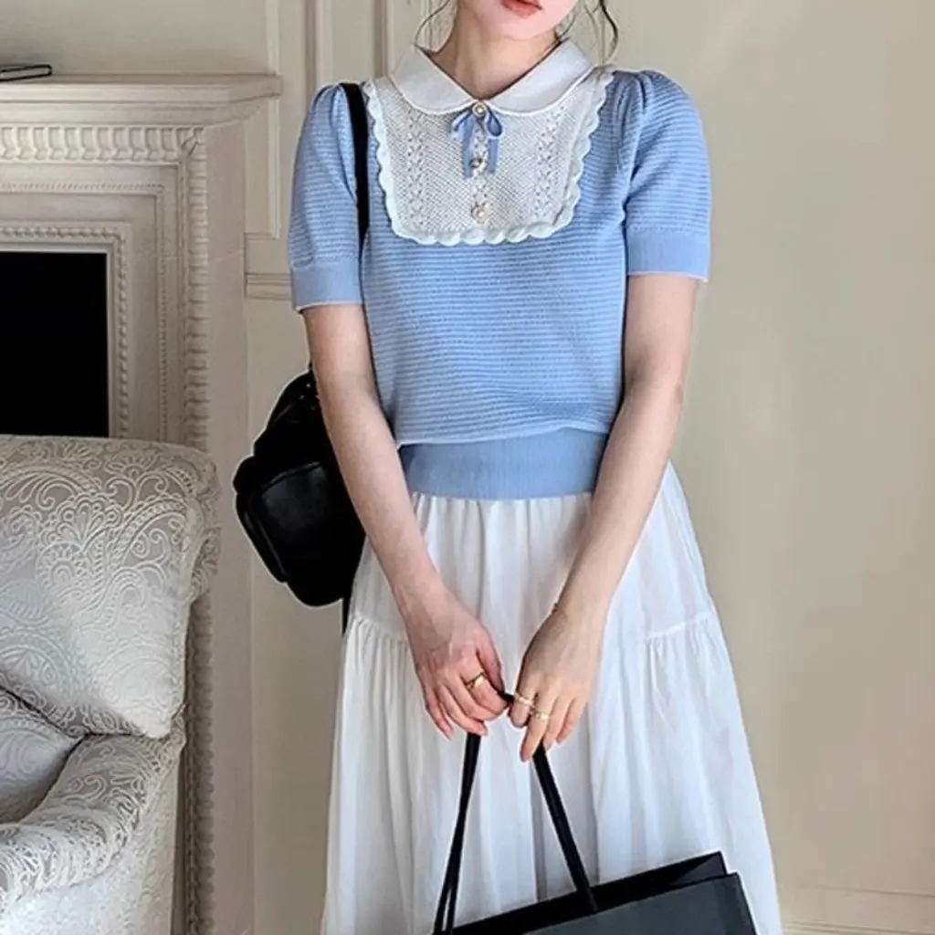 

Summer New Women's French Knitted Short-Sleeved T-shirt Doll Collar Bow Top Sweet Age-Reducing Casual Wear