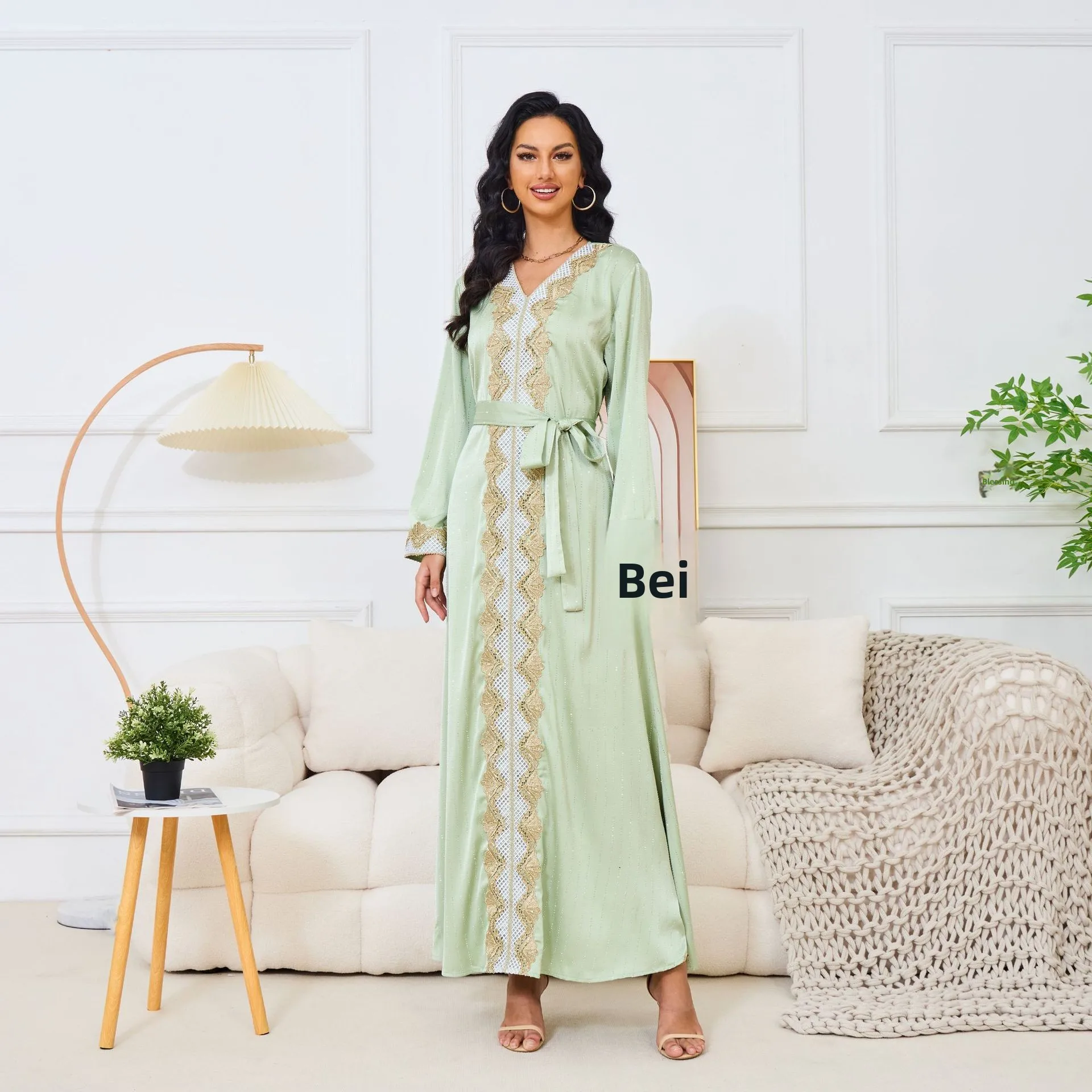 Oem Women's Elegant Diamond Embellished Long-Sleeved V-Neck Abaya New Middle East Export Robe Large Swing Dress Ins Polyester