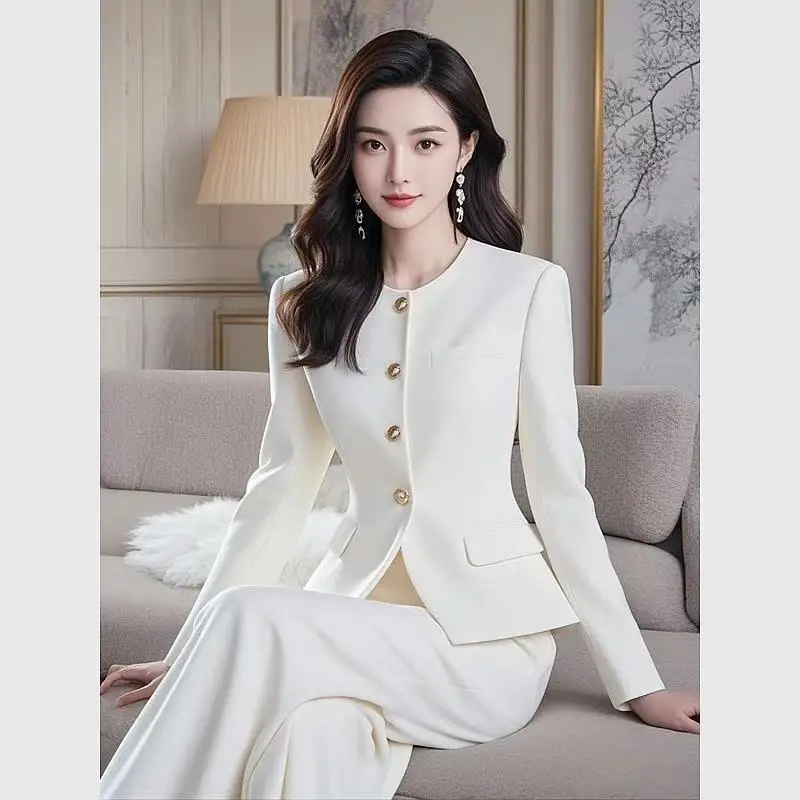 Autumn New Elegant Office Lady OL White Suit Women's Formal Outfits Luxury Pearl Buttons Jacket + High Waist Pants 2-Piece Set