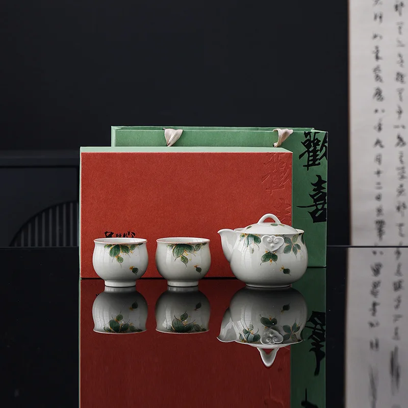 

Высококачественный ручной чайник с ручной росписью Ru Kiln, подарочная коробка, один чайник, два чашки, настраиваемый бизнес-подарок