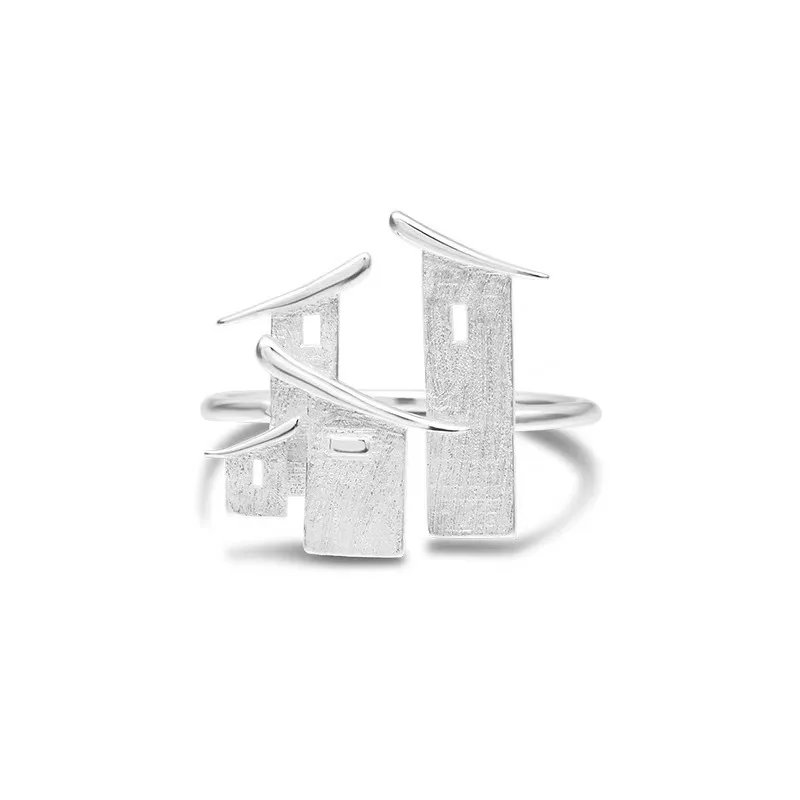 New Chinese Style Jiangnan Housing Build Shape Opening Ring Individualized Literature and Art Unique New Appearance Jewelry Gift