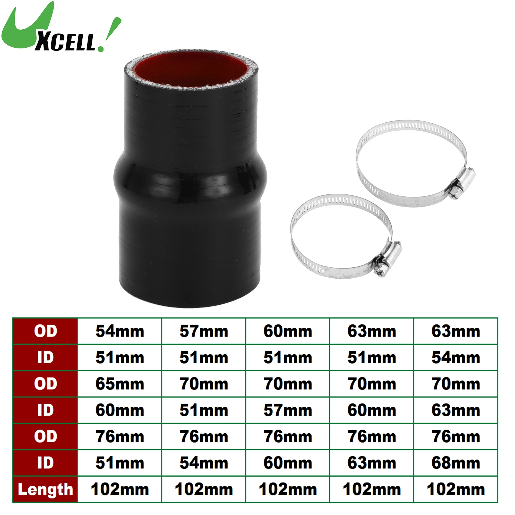 

UXCELL 54mm-76mm OD to 51mm-68mm ID 102mm Length Car Silicone Hose with Clamps Hump Hose Coolant Hose Set Black