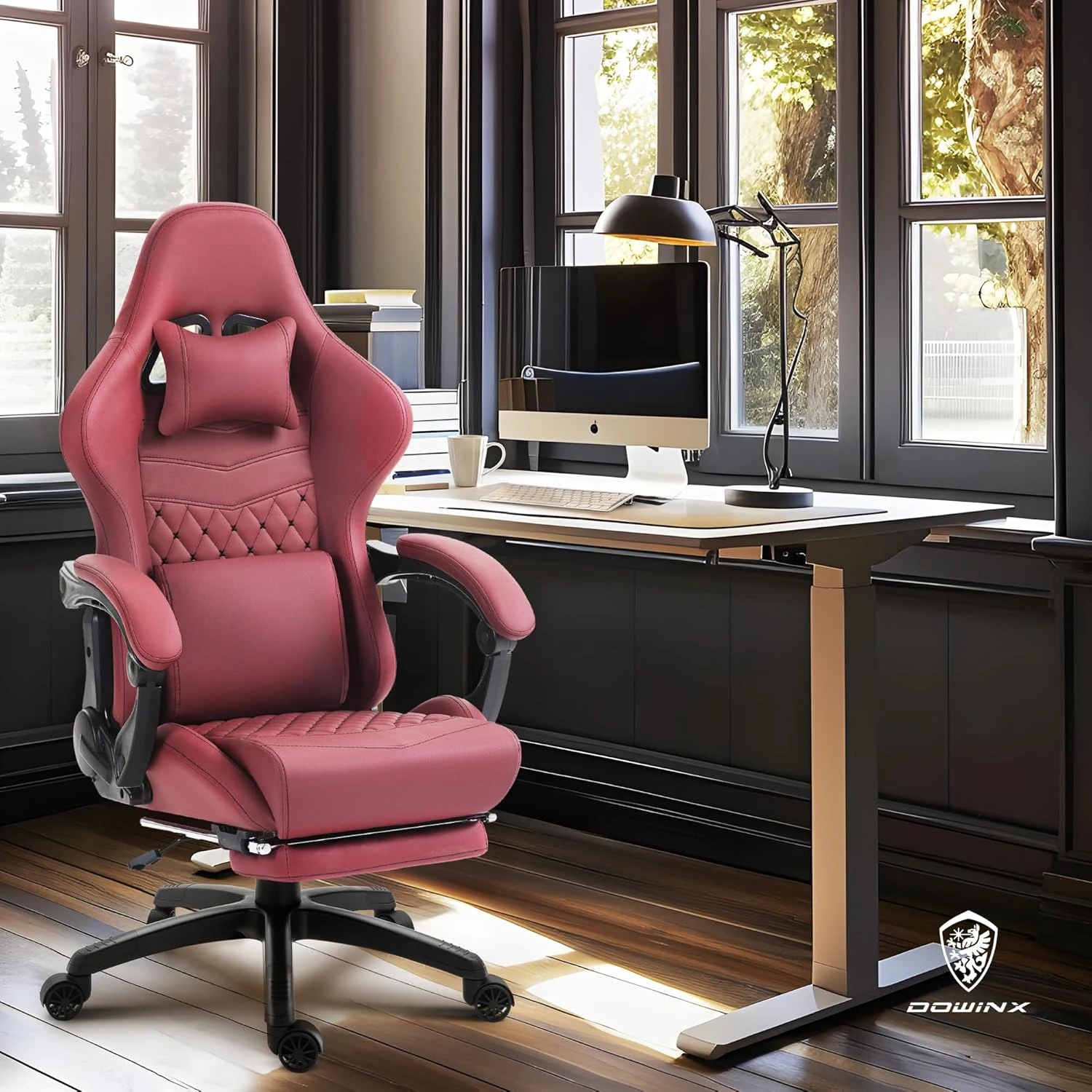 Game chair, office desk and chair with massage lumbar support, retro style armchair with extendable foot pedals