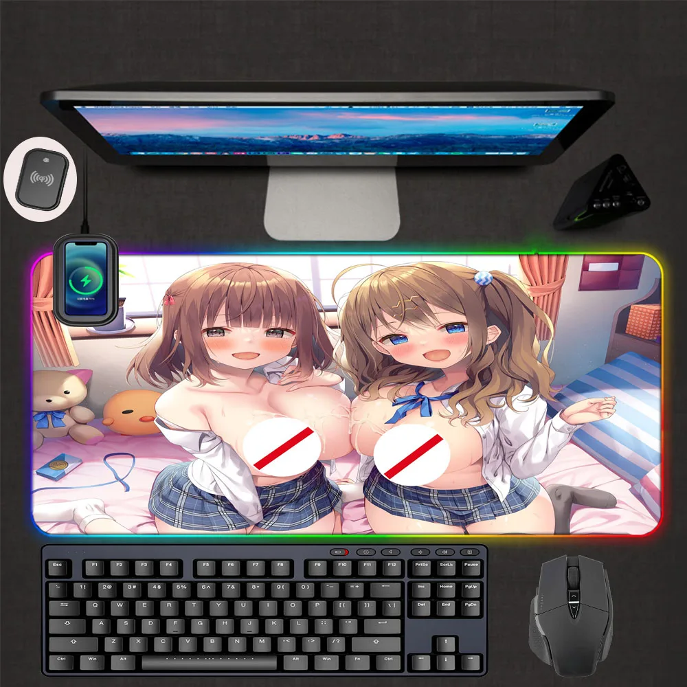 

Cute Sexy Girl RGB Wireless Charging Mouse Pad Laptop LED Backlight Desktop Gamer Type-C PC Gaming Accessories Keyboard Deskmat