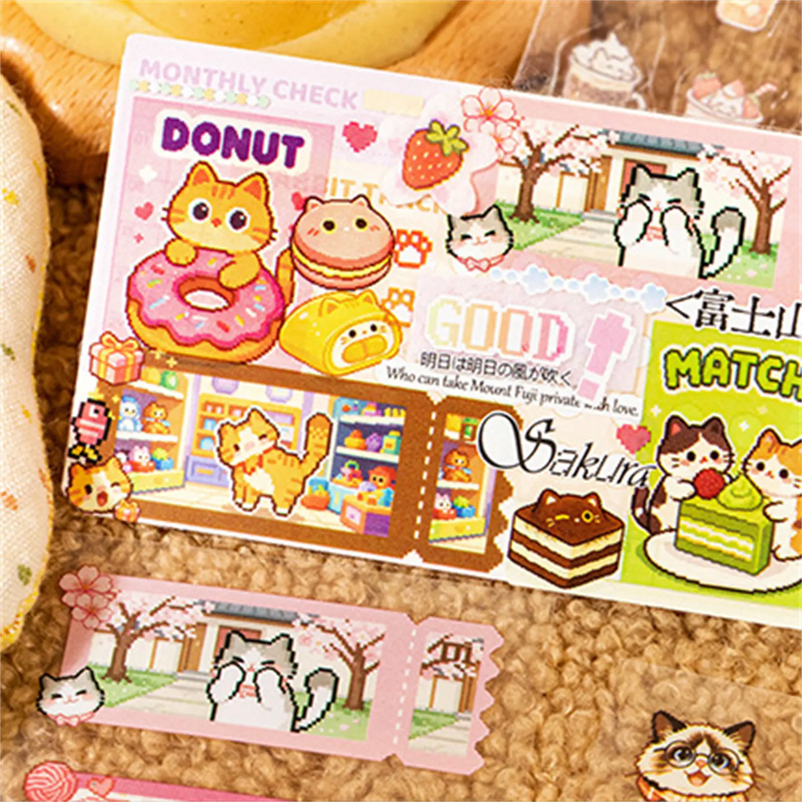 Sticker Books PET Waterproof Pixel Cat Decals Tear-Resistant for Journaling Scrapbooking DIY Stationery Art Supplies