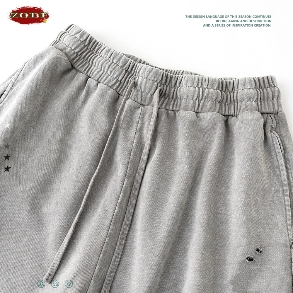 ZODF Retro 2025 Summer High Street Cotton Shorts Unisex Vintage Washed 310gsm Holes Distressed Shorts Brand Streetwears HY0985