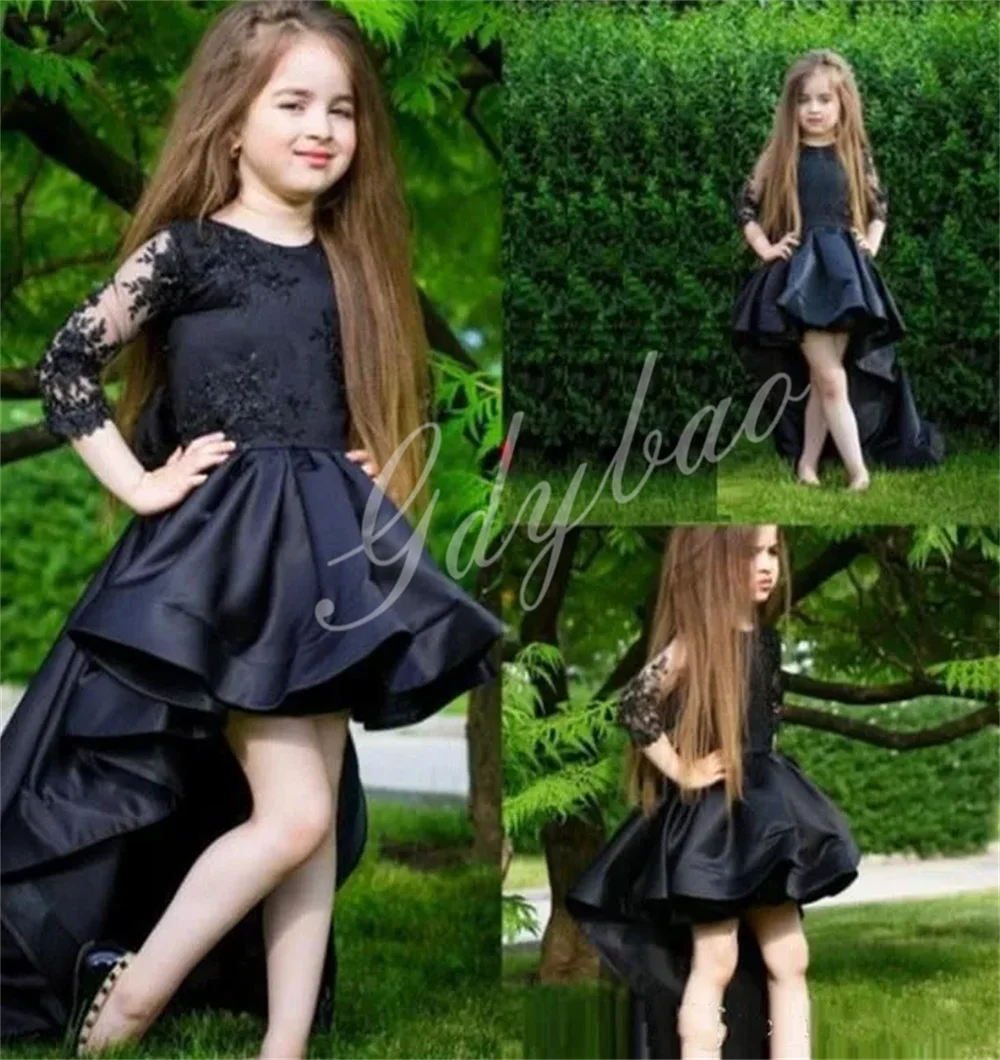 

Black Cute Kids Wedding Party Dress Satin Asymmetrical Length Three Quarter Sleeves With Ruffles Girls' First Communion Dress