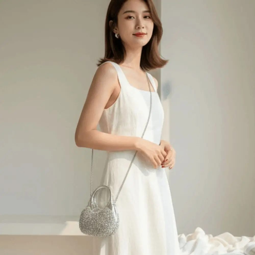 Crystal Embellished Crescent Evening Clutch High-shine Finish Geometric Pattern Rhinestone Box Purse Reflective Texture