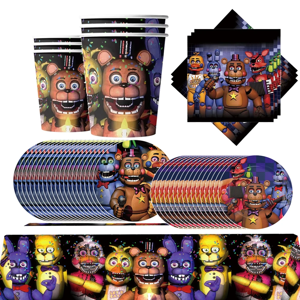 FNAF Five Nights Freddyed Birthday Decorations Disposable Plate Cup Banner Cake Topper for Kids Baby Shower Party Supplies