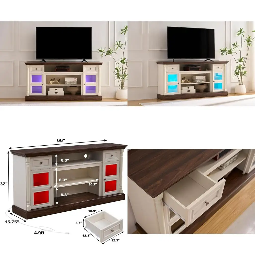 モダンな70インチ対応LEDテレビ用エンターテイメントセンター、ローマ風柱デザインのファームハウス風暖炉付きテレビ台