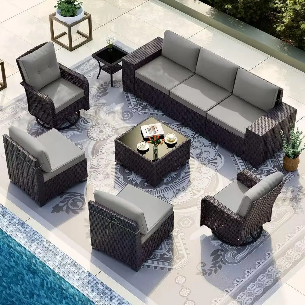 

9 Pieces Patio urniture Set with 2 Swivel Chairs, 7-Seater Patio urniture in 4 Combinations with Wide Armrests 29.5'' High Backr