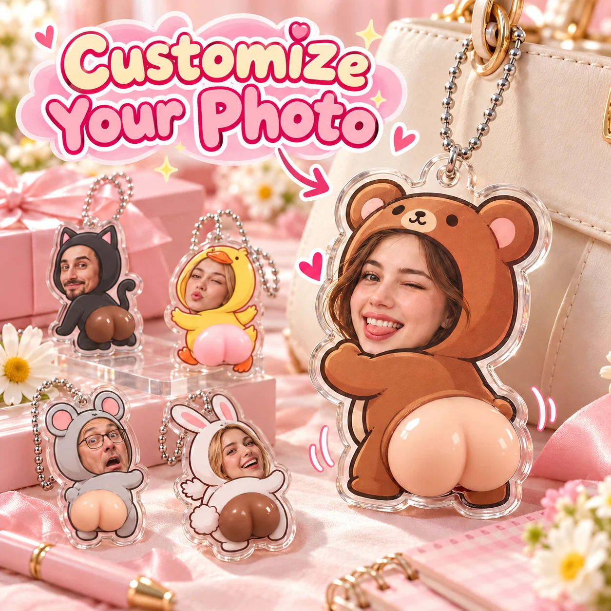 Custom Acrylic Squishy Butt Keychain Personalized Photo Funny Pendant Stress Relief Bag Charm Novelty Gift for Friends Party