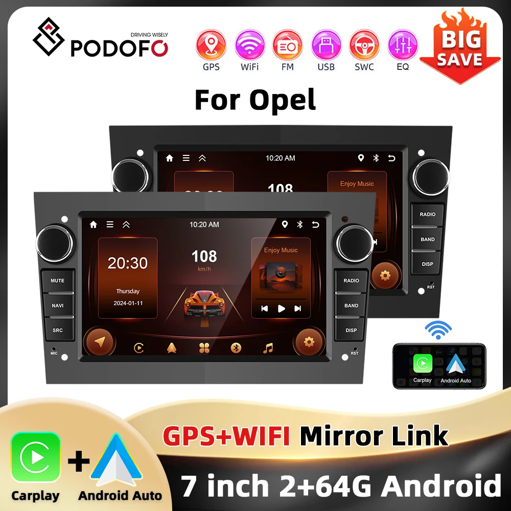 Podofo 7 ''2 + 64G autoradio pour Opel Astra Antara Vectra Corsa lecteur multimédia GPS WIFI Carplay Android Auto BT RDS Audio de voiture