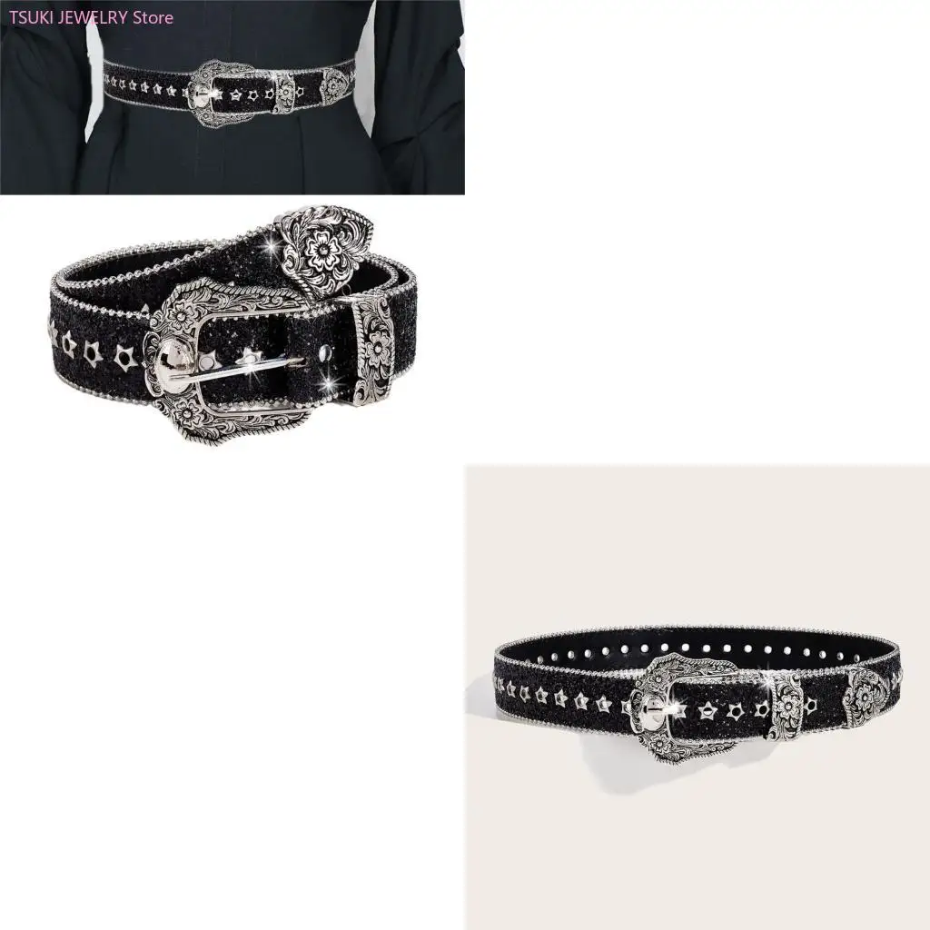 

62KE поясной ремень с пряжкой и цветочным принтом, люверсы, повседневная одежда, пояс с драгоценностями, поясная цепочка с блеск