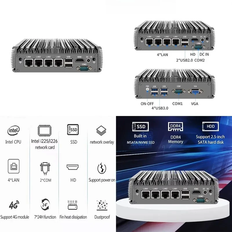 YINGCHI New Soft Router Ce leron J4125 Network Gateway Micro Firewall Appliance 4 In-tel i226/2.5G NIC Ports Fanless Mini PC