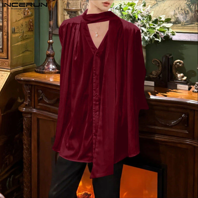 INCERUN الرجال قميص الصلبة الخامس الرقبة طويلة الأكمام مطوي فضفاض الرجال الملابس الشارع الشهير الكورية نمط موضة بلايز عادية الذكور القمصان #4