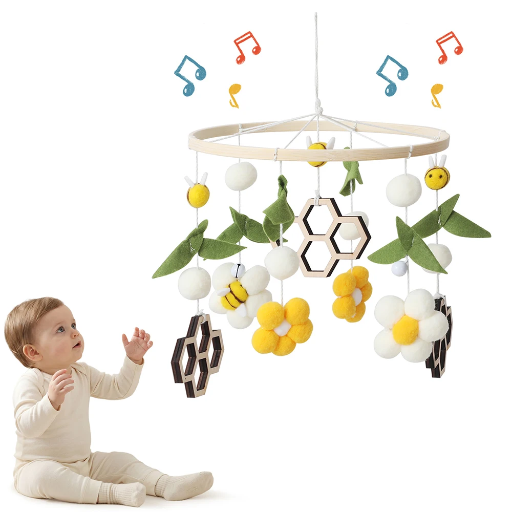 Baby Crib Mobile Colorful Bee Flower Pendants 360 Degree Rotating Wooden Felt Hanging Toy for Visual Tracking Baby Toys Gifts