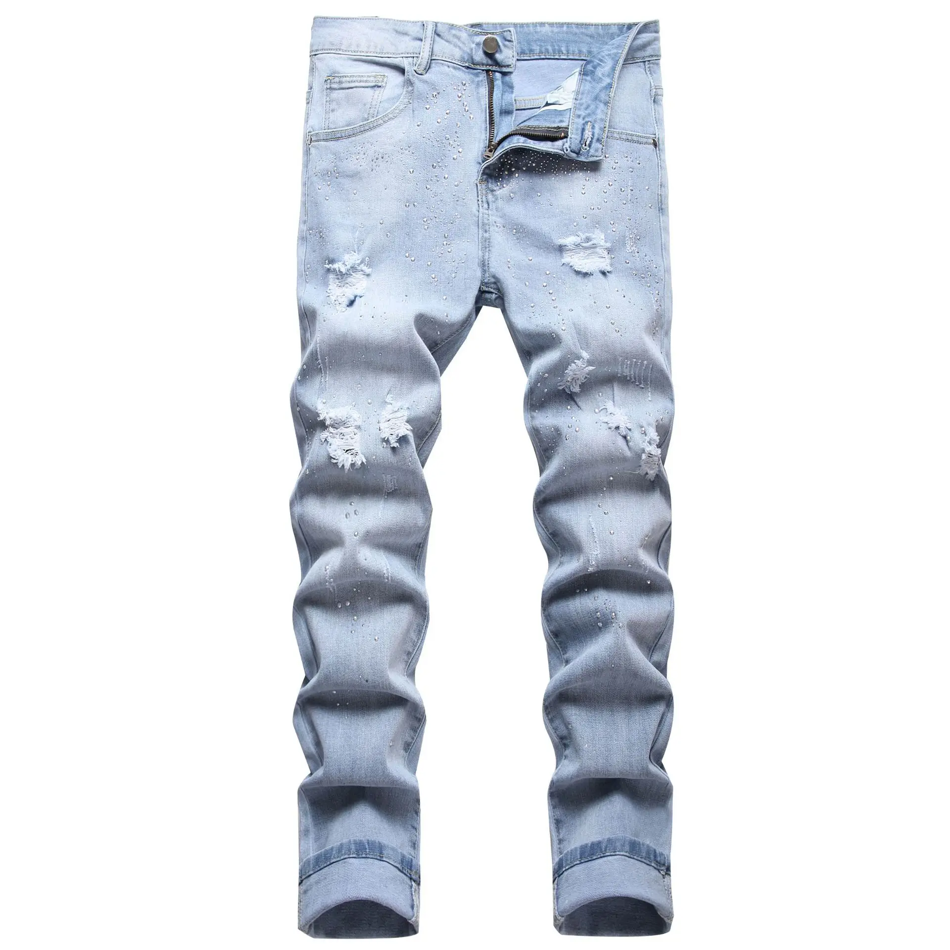 Men Hole Jeans 2024 Streetwear Pencil Pants Mid Waist Distressed Washed Vintage Diamonds Denims Straight Ankle Length Trousers