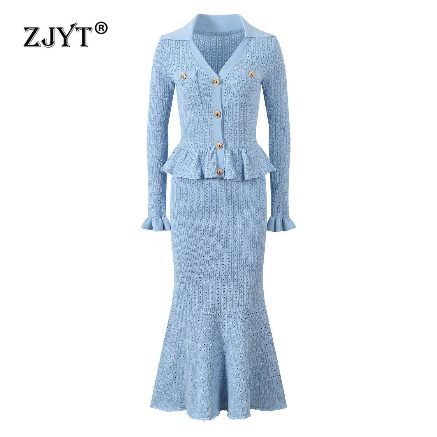 

ZJYT 2025 Autumn Winter Knitting Dresses Women's Long Sweaters Elegant Flare Sleeve Turn Down Collar Trumpet Evening Party Dress