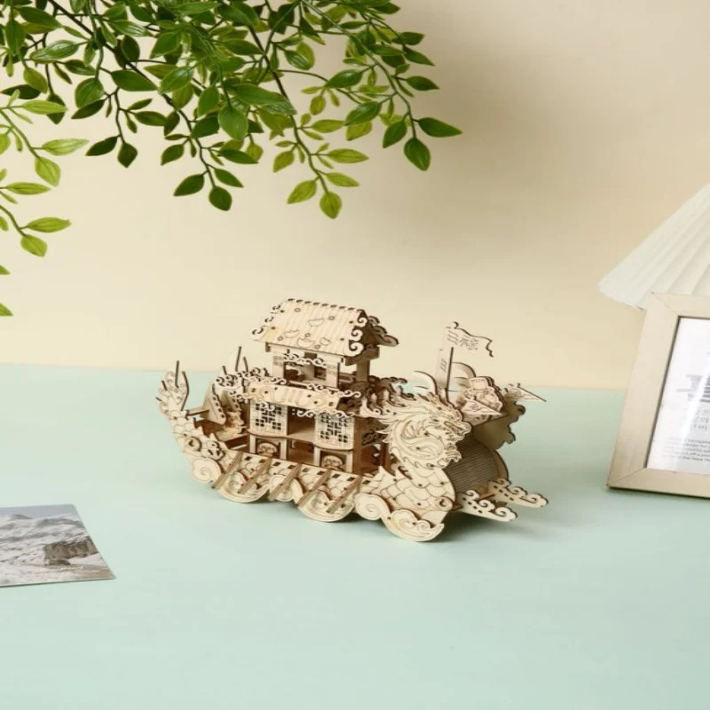 

OUZEY Traditional Dragon Boat Model, 3D Wooden DIY Assembly, Cultural Festival Racing Boat Decor