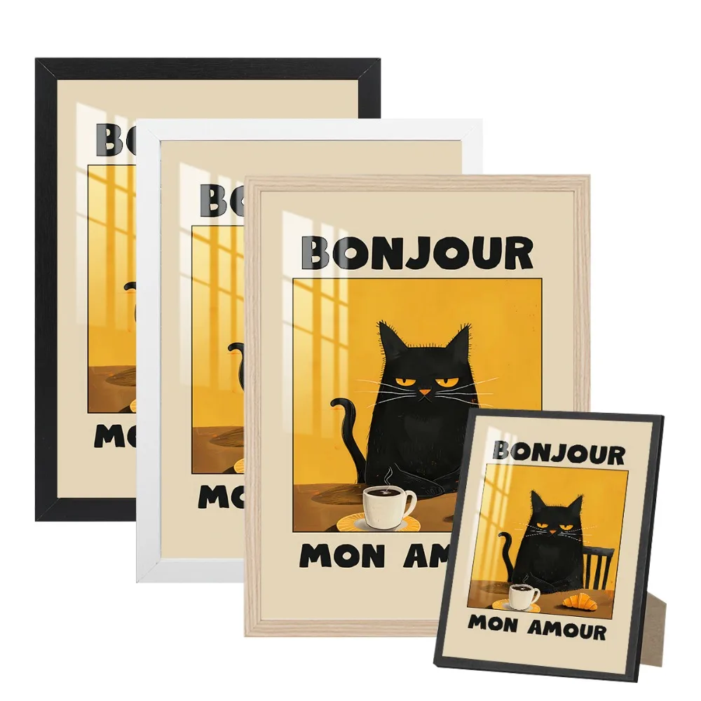 21X30 Photo Frame Plus Canvas Painting Cat BONJOUR Black White Wood Grain Can Be Hung on The Wall with Certificate Poster Decor