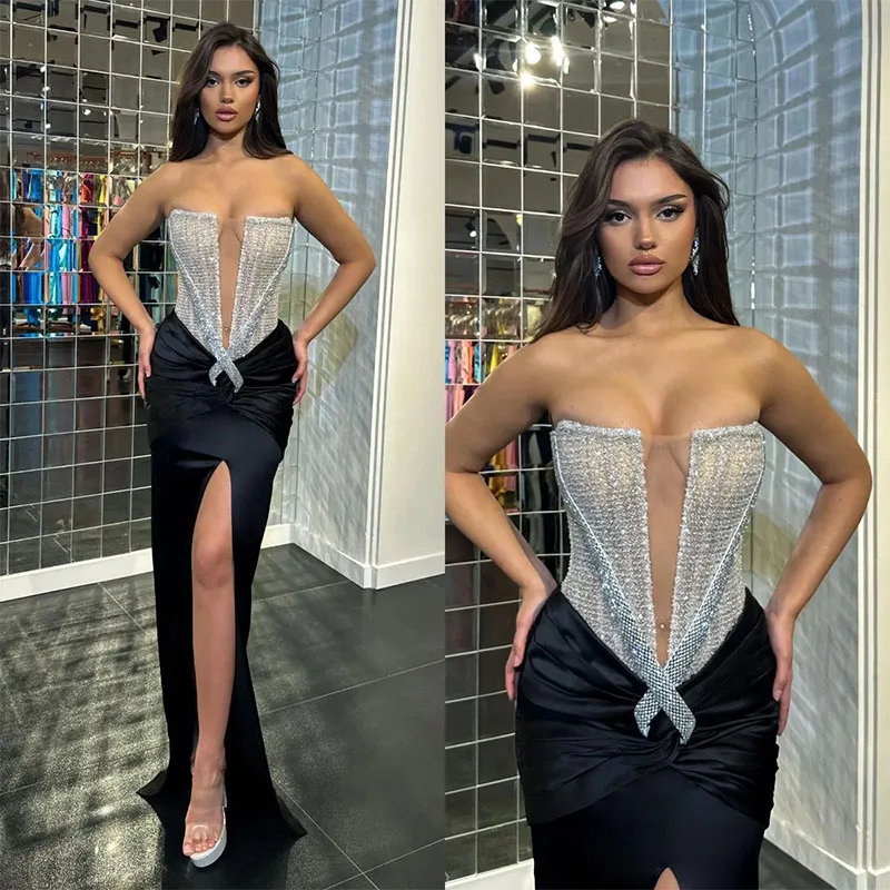 Vestido de baile sem alças, vestidos de noite formais, elegantes plissados divididos, vestidos de festa para ocasiões especiais, preto sexy