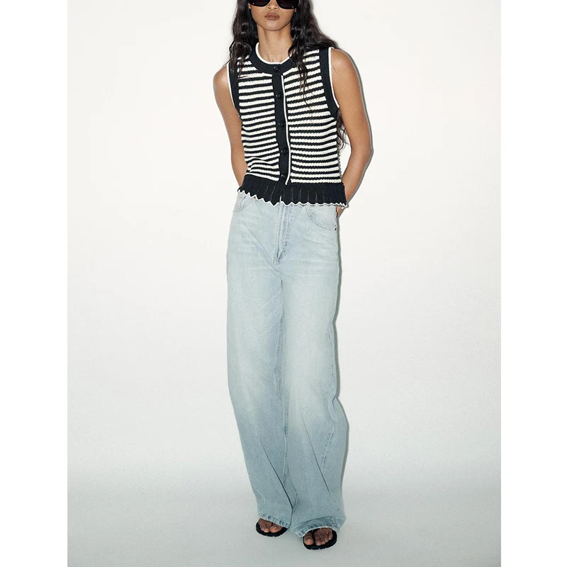 เสื้อกั๊กถักไหมพรมผู้หญิงสไตล์เรียบง่ายสำหรับฤดูร้อน คอกลม ลายทางหลากสี ดีไซน์ลำลอง สวมใส่สบาย ผลิตจากโพลีเอสเตอร์