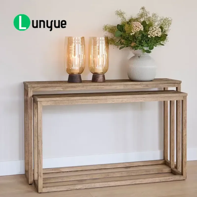 Harbor French Retro Weathered Oak Solid Wood Side Table Set Durable Console for Bedroom Living Room Apartment Hotel