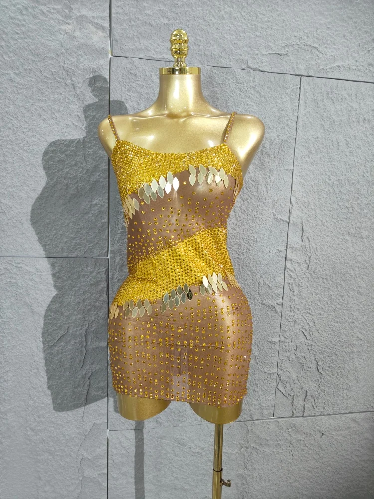 New Luxury Party Dress Flashing Rhinestones Transparent Women Sexy Mesh Sequins Birthday Celebrate Cocktail Dresses Vestidos