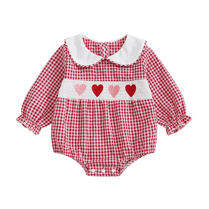 Baby Girl Plaid Romper Heart Embroidery Doll Collar Long Sleeve Bodysuit Spring Fall Clothes