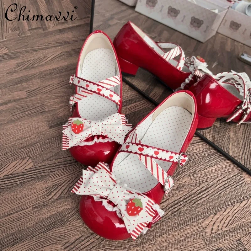 

Original Sweet Bowknot Strawberry Cute Girl Lolita Shoes Super Fairy Princess Temperament Mary Jane Women's Low Heel Pumps