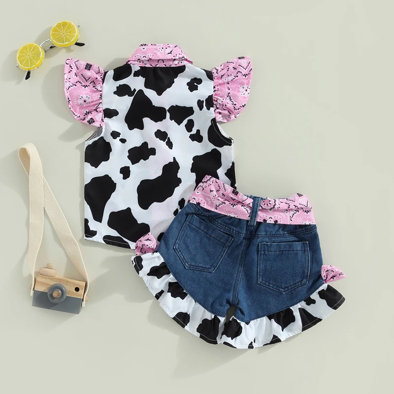 1-6Y Kids Girl Summer Outfits Cow Print Turn-Down Collar Fly Sleeve Tops Bow Denim Shorts with Belt 2Pcs Clothes Set