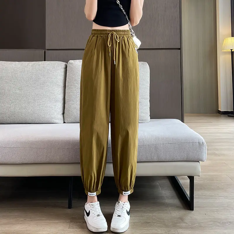 2024 New Summer Casual Loose Oversized Sports Style Fashionable Drawstring Elastic Waist Thin Quick Drying Hooded Harlan Pants