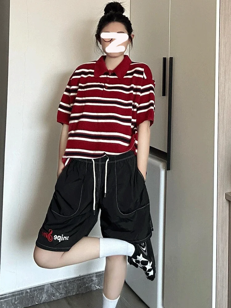 

Korean Sle oulder Ne ort Sve T-irt Women Summer Loose Casual Stripe Pattern Top Versatile Comfortable Fit