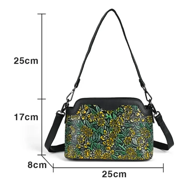 2024 Winter Genuine Leather Retro Embossed Flower Women Bag Ladies Versatile Cowhide Hand Painted Small Shoulder Crossbody Bags