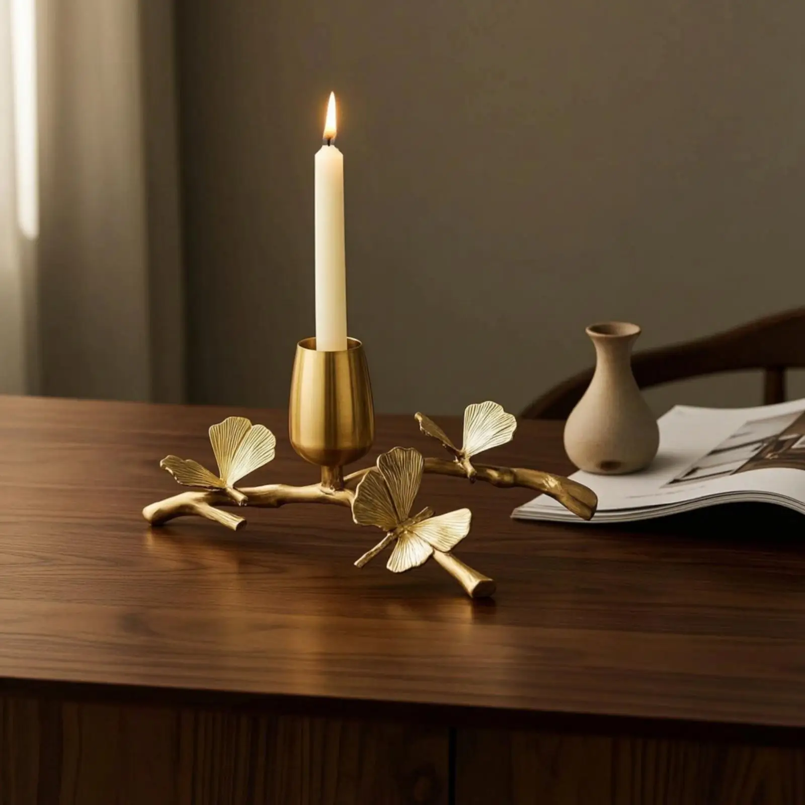 Candle Holder with Ginkgo Leaves Floral Brass Candlestick Holder Gold for Brides