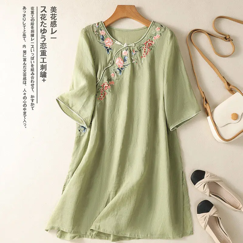 Retro Sommer Neue Chinesische Stil Hochwertige Gestickte Top Kleid Temperament Zen Tee Kleidung Hemd Rock Weiblichen Ethnischen Stil