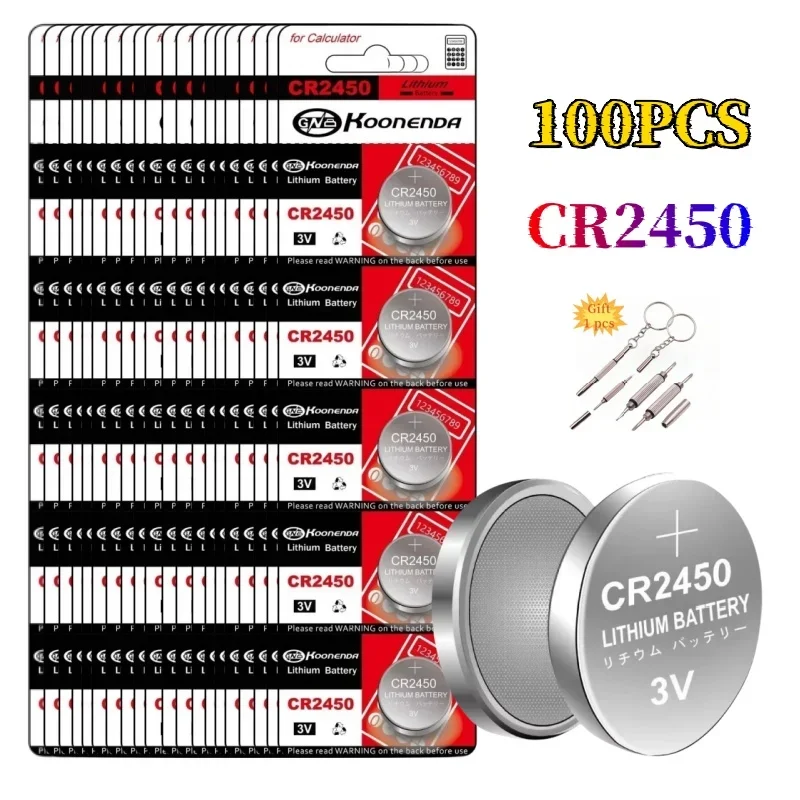 

100PCS 3V Lithium Battery CR 2450 DL2450 BR2450 LM2450 KCR5029 For Toy Car Key Remote Control Watch LED Light Button Coin Cells