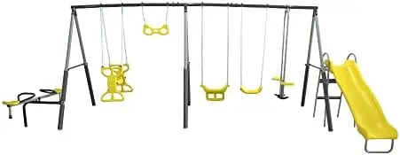 Sun Playground Metal A Fe Kids Swing Set with Outdoor Backyard Playset with Slide, See Saw, Glider, and Swings, Yellow
